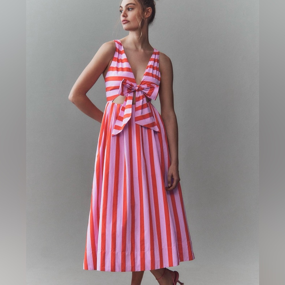Anthropologie Red and Pink Striped Maxi Dress